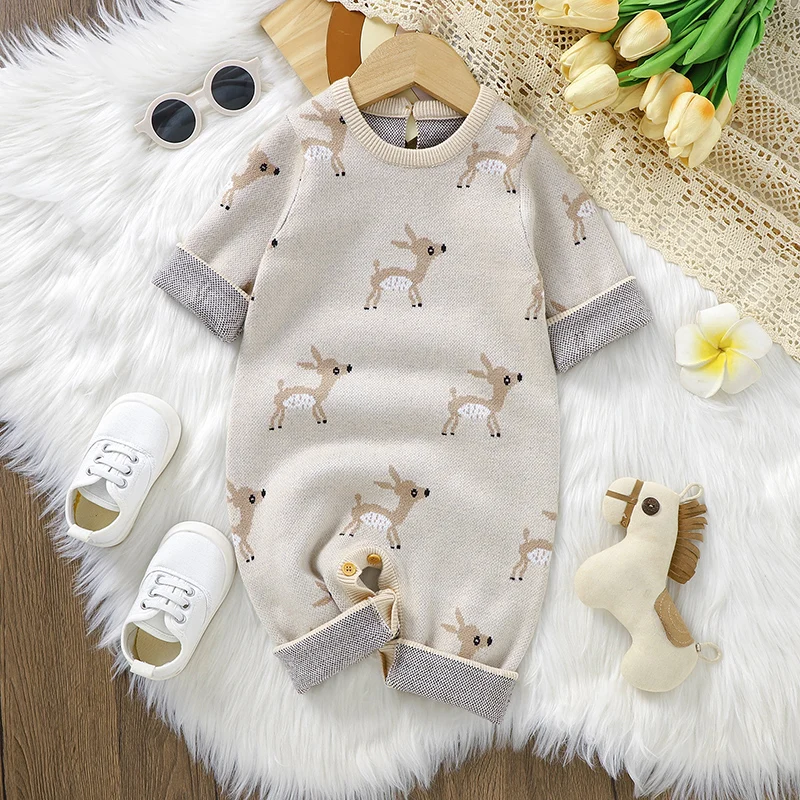 

Autumn Baby Romper Knit Newborn Girls Jumpsuit Outfit Long Sleeve Infant Boys Clothes Overalls 0-18M Fashion Cute Sika Deer Warm