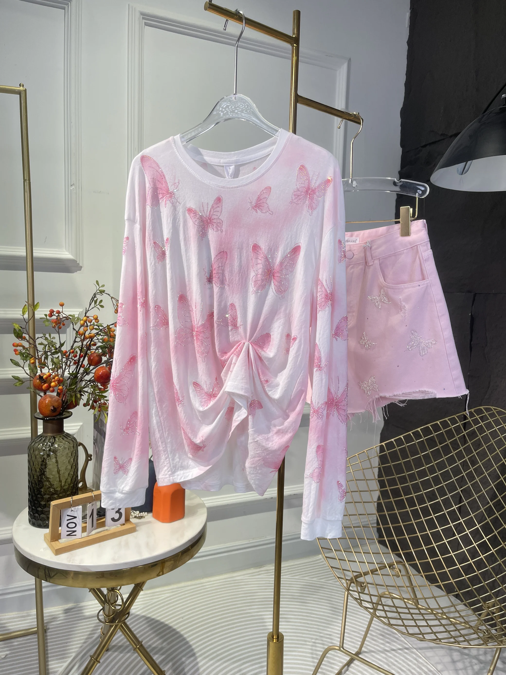 Fashion 2024 Summer New Rhinestone Butterfly Solid Color Long-Sleeve T-shirt Shorts Feminine Elegant Loose Thin Top Women's Sets