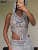 Weird Puss Sequins Women 2piece Set Sexy See Through Irregular Backless Hooded Tank Tops+Peach Hip Skirts Midnight Clubwear Suit 3