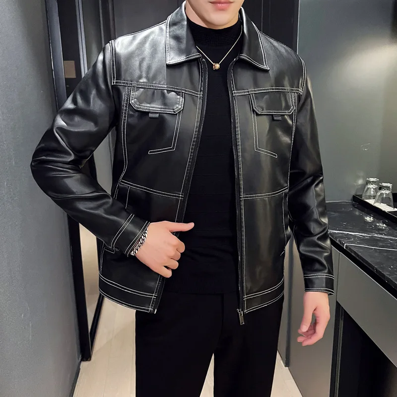 2023 New Men Fashion Polo Collar Short PU Leather Coat Autumn Men Solid Color Large Size Casual All-Matching Leather Jacket