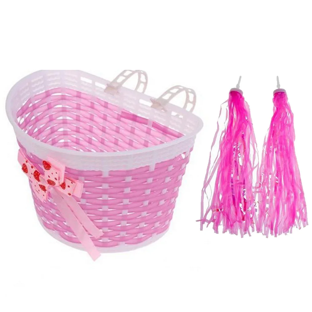 

Child Bike Panniers Children Kids Bicycle Scooter Handlebar Streamer Tassel + Braided Basket Pink Woven Baskets For Kids