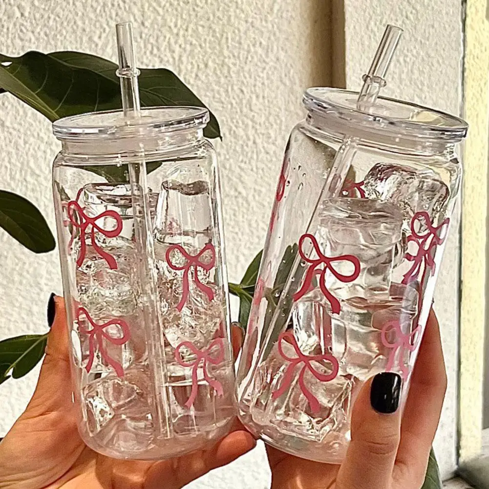 Charming Bow Glass Tumbler with Lid and Straw - Perfect for Iced Coffee, Juice, and Gifts