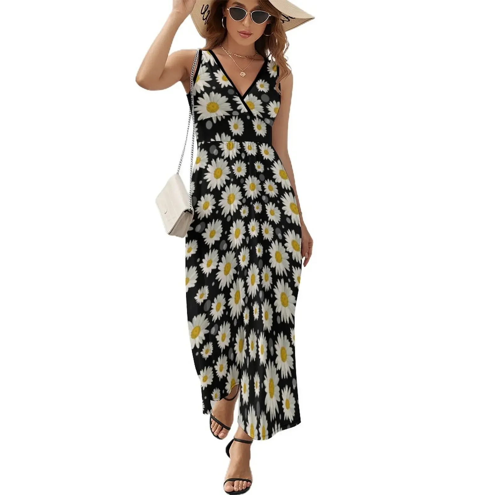 Vestido sin mangas de margaritas blancas y círculos vestidos para mujer Vestido para embarazadas Vestido