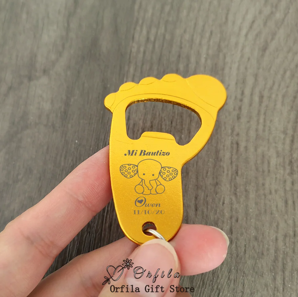 10/20/50 Stück personalisierte Geschenk-Schlüsselanhänger in Babyfußform, Flaschenöffner, für Geschlechtsoffenbarung, Babyparty, Taufe, Souvenir – Detail 6