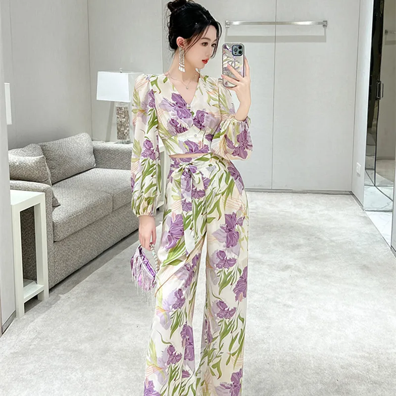 

Vintage Casual Vacation 2 Pieces Set 2023 High End Summer Suits For Women Print Tops and Wide Leg Pants Chiffon Suits Two Pieces