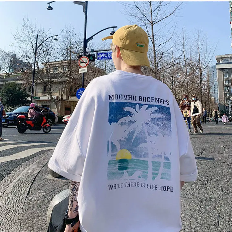 

Summer American High Street Sunset Print 100% Cotton Short Sleeve T-Shirt Vintage Hip Hop Fashion Half Sleeve T-shirt