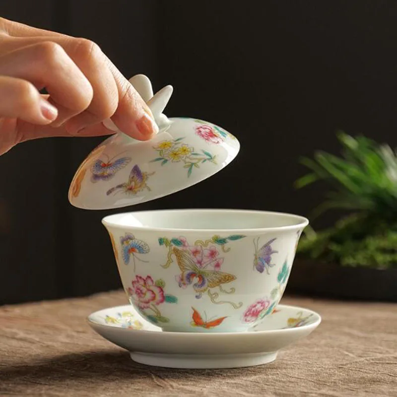 Glazed Enamel Butterfly Lid Sancai Gaiwan Tea Tureen Kungfu Tea Cup Infuser Bowl Set Kitchen Teaware