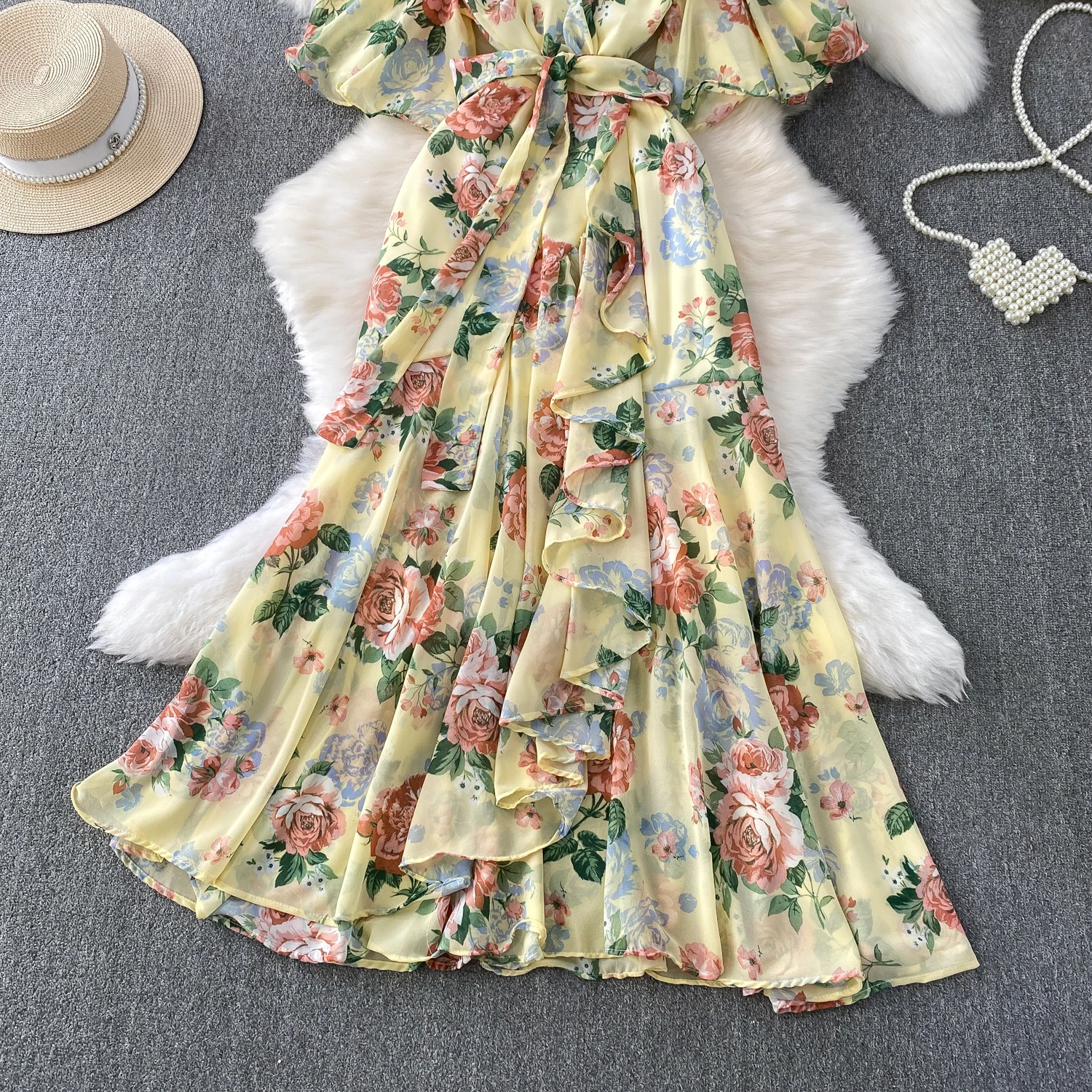 Summer Women Red/White/Yellow Floral Printed Irregular Ruffle Long Dress Vintage V-Neck Puff Sleeve Elegant Dress With Belt New