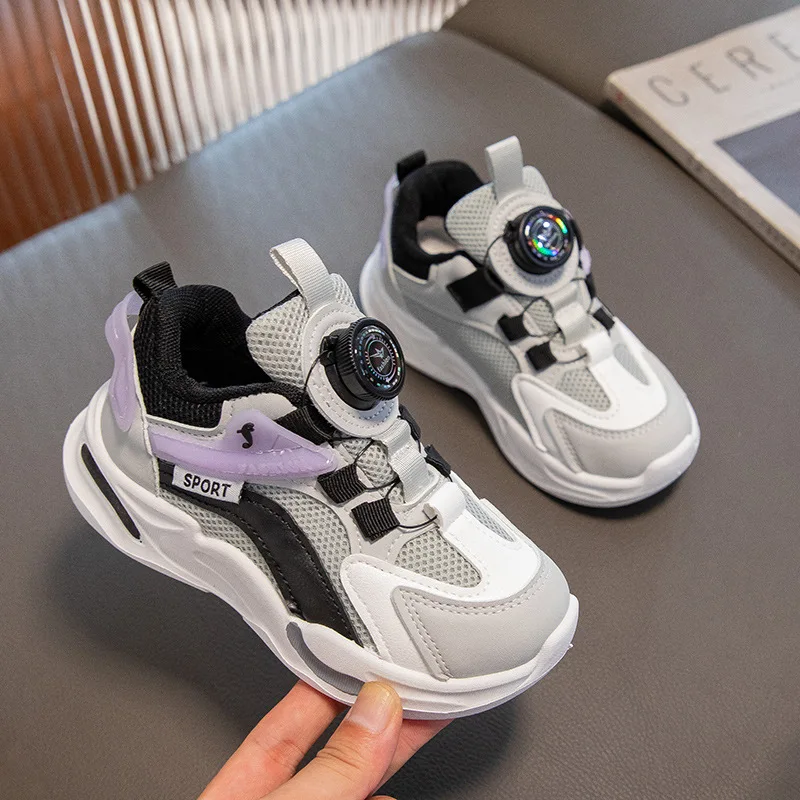 Kids Autumn Sneakers New Baby Boys Girls Sports Shoes Casual Rotating Buckle Mesh Patchwork Breathable Running Non-slip Trainers
