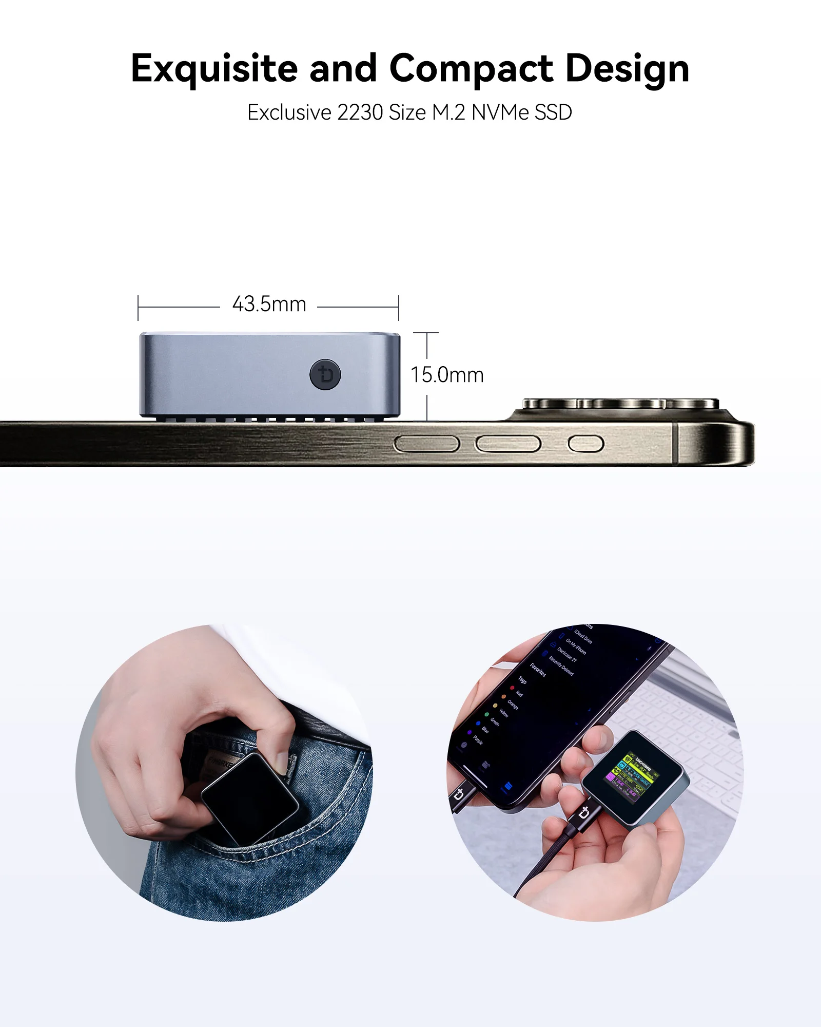 DOCKCASE Pocket M.2 2230 NVMe SSD Enclosure, 3s PLP, USB 3.2 Gen 2 (10Gbps), fits NVMe PCIe 2230, M-Key & B+M Key, UASP.