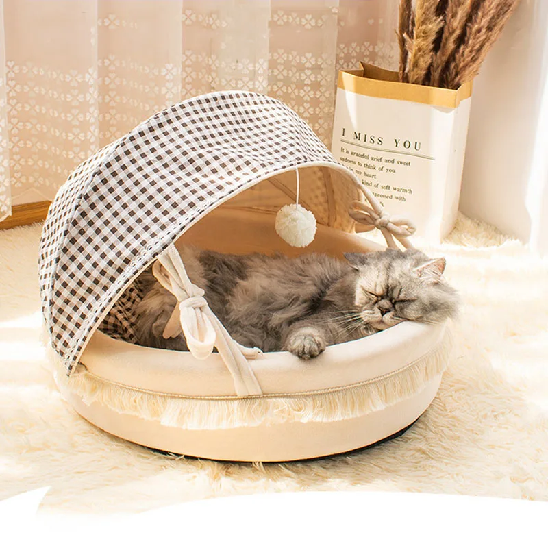 

New Style Pet Dog Cat Bed Round Plush Cats Bed House Soft Long Plush Mat Bed For Small Dogs Sofa Cushion Nest 2 In 1 Kitten Bed