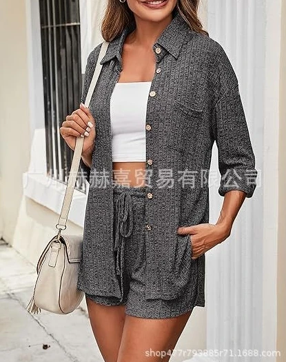 

2024 Polo Collar Long Sleeved Shirt High Waisted Drawstring Shorts Fashion Casual Two-Piece Set