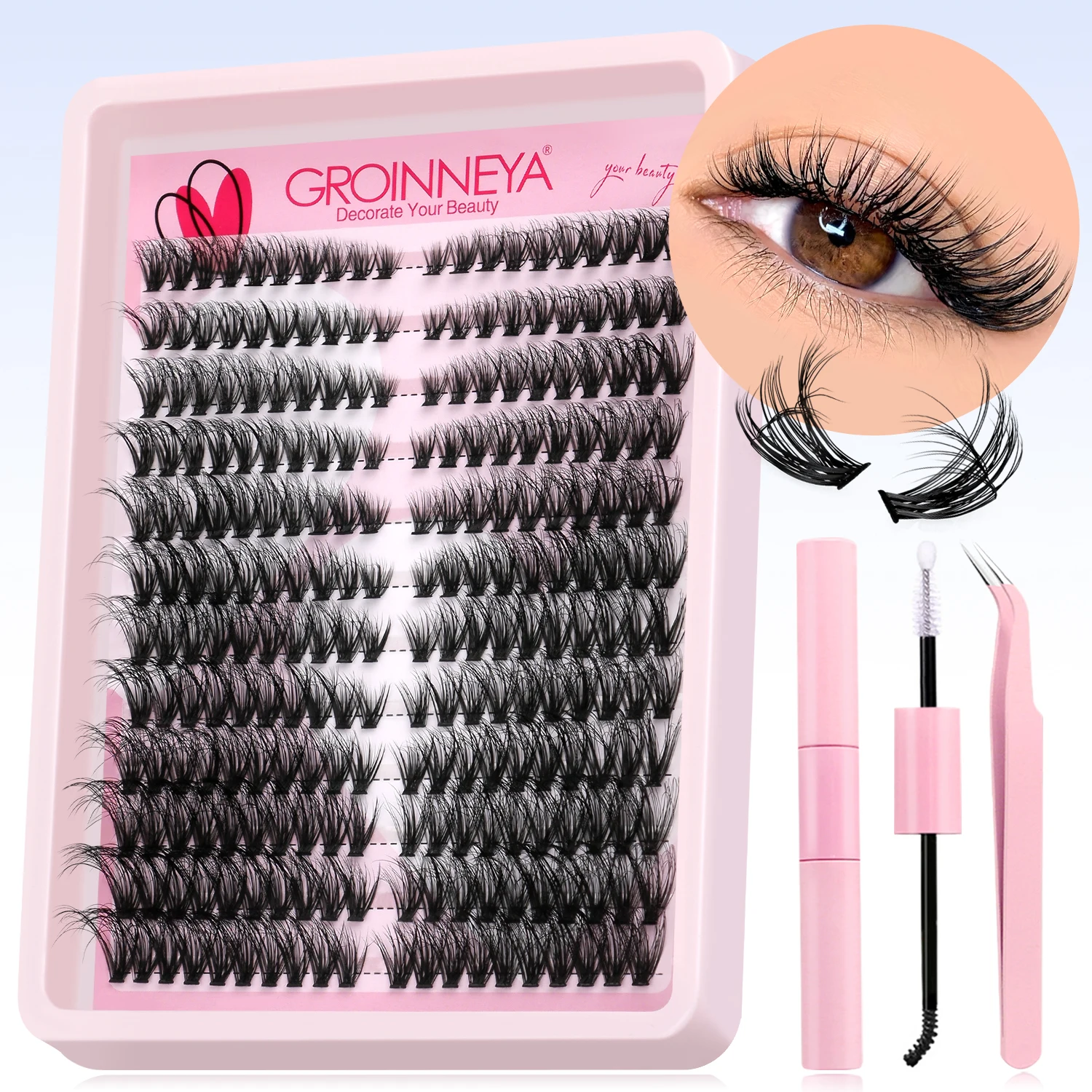 GROINNEYA Lashes Cluster Kit Cat Lashes DIY Lash Extension Kit Lash Bond & Seal Eyelash Clusters Set Makeup fake eyelashes