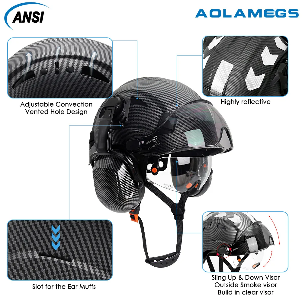Safety Helmet Carbon Fiber Safety Helmet W/ Visor Built-in Goggles Carbon Fiber Earmuff ABS Industrial Hard Hat ANSI Climb Head Protection Cap