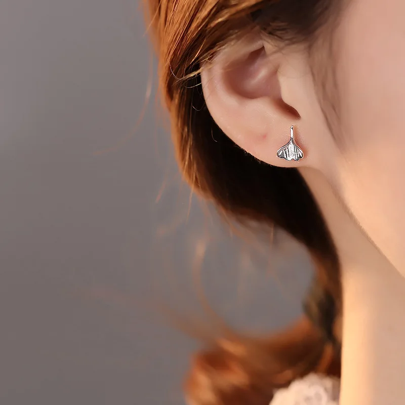 925 Sterling Silver Ginkgo Biloba Leaves Small Stud Earrings For Women Piercing Luxury Fine Jewelry Wholesale - Image 2