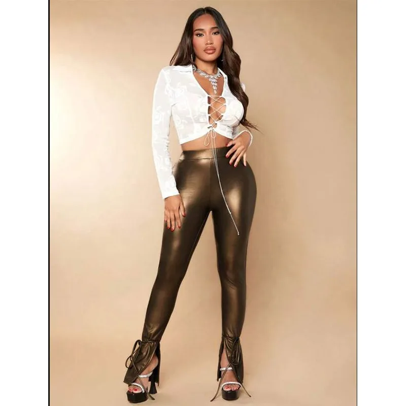 PU High Waist Trousers Women Faux Leather Pants Buckled Zipper Trousers Fashion Slim Fit Skinny Bodycon Pant Club Leggings 2023