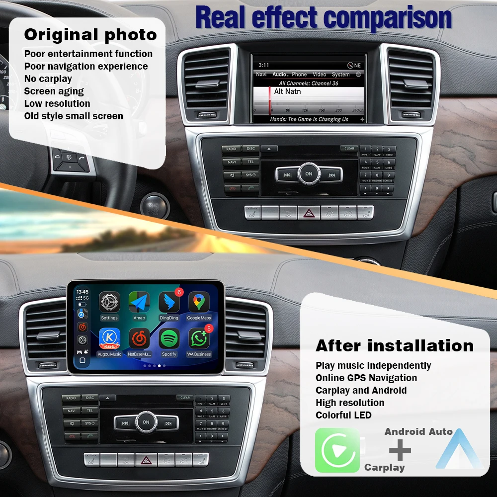 AUTOTOP Pantalla táctil multimedia para coche de 8.4 pulgadas, conserva el estilo original de fábrica, para Mercedes-Benz GL-CLASS X166/ ML-CLASS W166 2011-2015, sistema NTG4.5, radio Linux estéreo, CarPlay inalámbrico, Android Auto, navegación GPS, pantalla de tablero con velocidad y RPM en tiempo real. 2