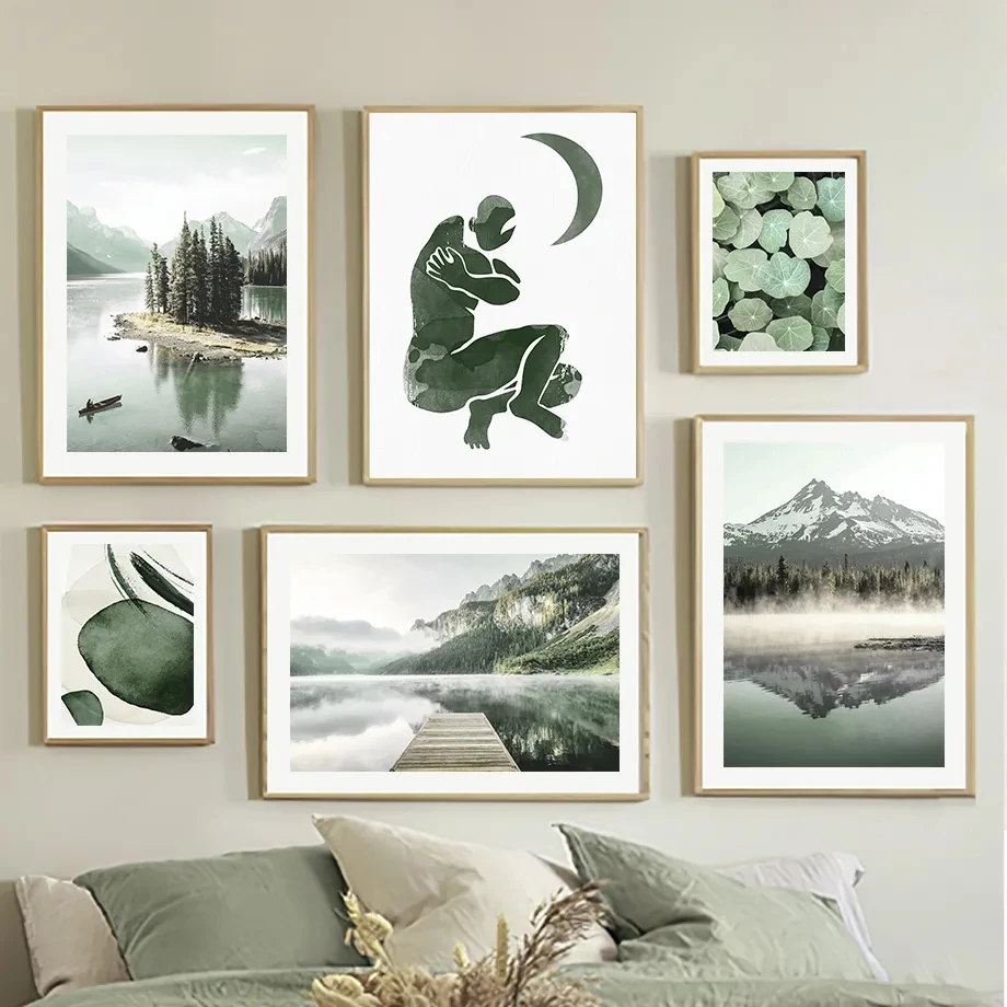 

Nordic Green Mountain Lake Landscape Picture Wall Art Canvas Painting Modern Flower Poster and Print for Home Living Room Design