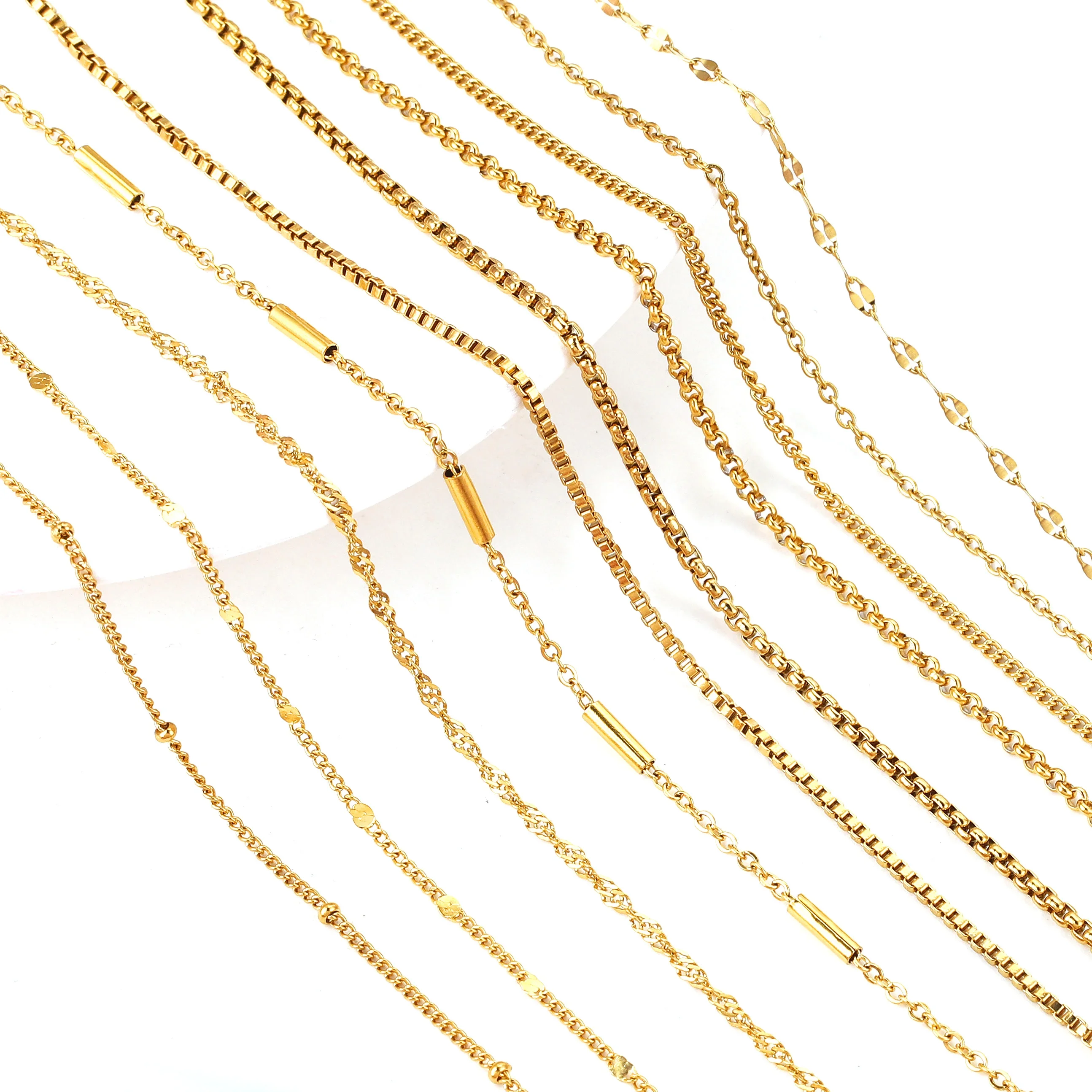Stainless Steel Necklace 5pcs Bead Chain Cuba Cross O Ripple Chain Plated Gold 45CM Adjustable Lobster Clasp DIY