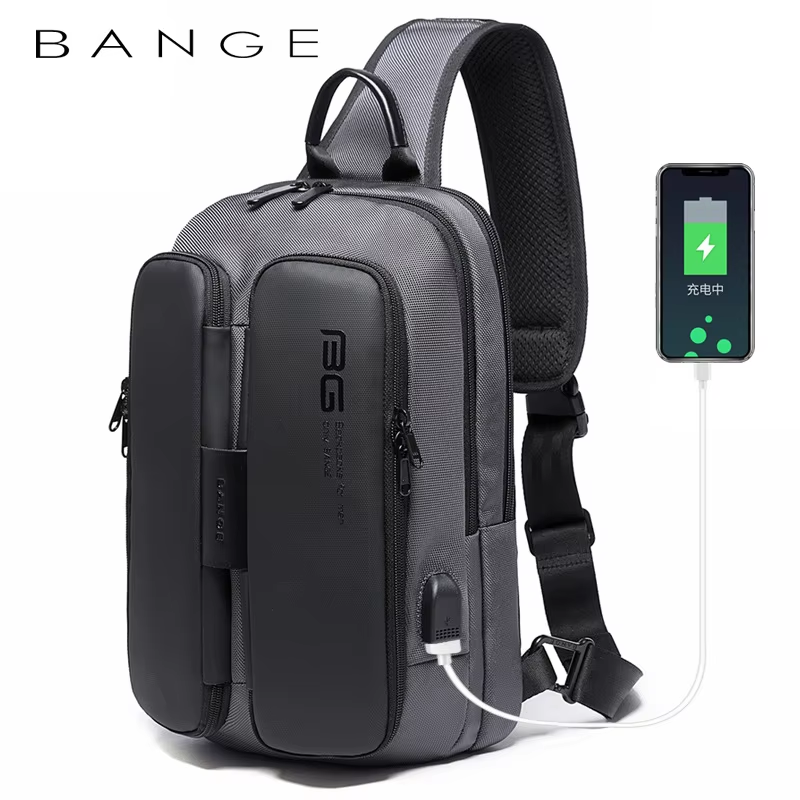 BANGE New Stylish And Trendy Leisure Outdoor Tech with USB Charging Cool Crossbody Bag and Chest Pack for Men Travel Sling Bag
