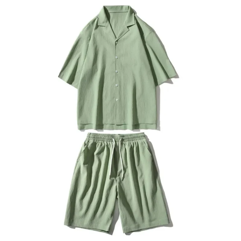 Summer Two-Piece Men's Sets Shirt and Shorts Casual Outfits Oversized Short Suit Plain Clothes Clean Fit Black White Green