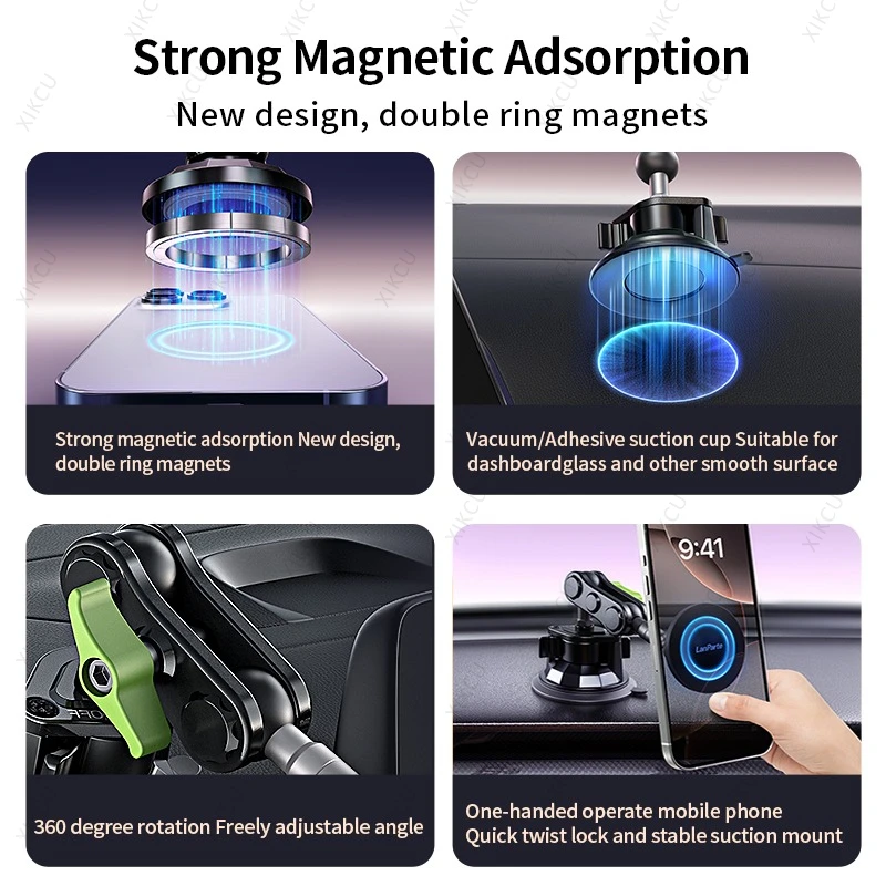 Car Magnetic Phone Holder & Vacuum Suction Cup & Universal Wheel Adjustment For Magsafe iPhone 17~12 Pro Max Cellphone Bracket