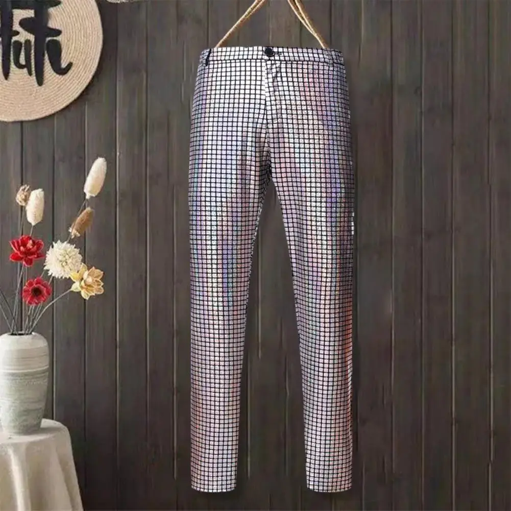 

Plaid Sequin Trousers for Men Sparkling Men's Disco Pants Rainbow Sequin Trousers for Nightclub Dj Stage Performances Button Zip