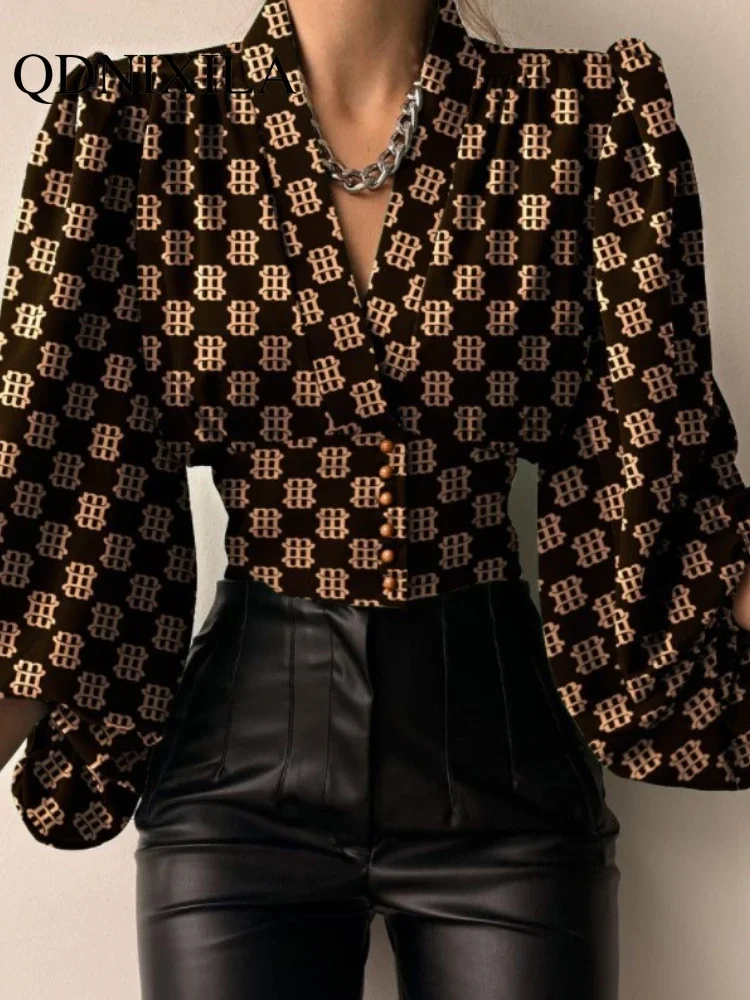 Spring and Summer Women\'s Shirt Temperament Commuter Cardigan Waist V-Neck Long Sleeve Lantern Sleeve Shirt Blouse  Women Tops