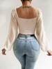 Ladies Blusas Summer Short Tshirt Woman Clothes Long Sleeve T Shirt Sexy V-neck Women T Shirt Casual Drawstring Crop Tops Tee - Image 6