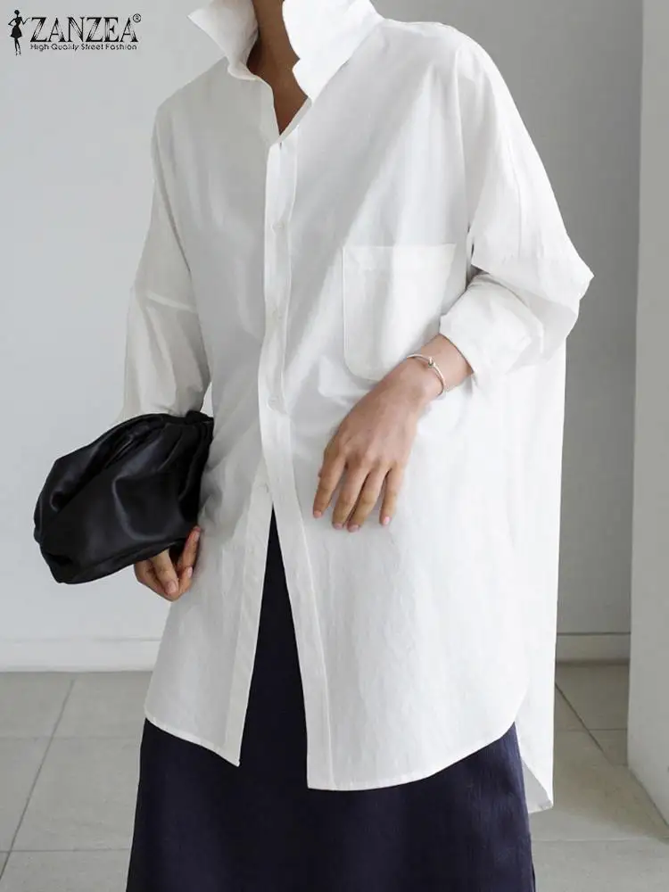 

Женская модная рубашка ZANZEA, Повседневная Свободная офисная блузка с отложным воротником и длинным рукавом, рабочие топы на пуговицах, рубашка, праздничная блузка, туника оверсайз