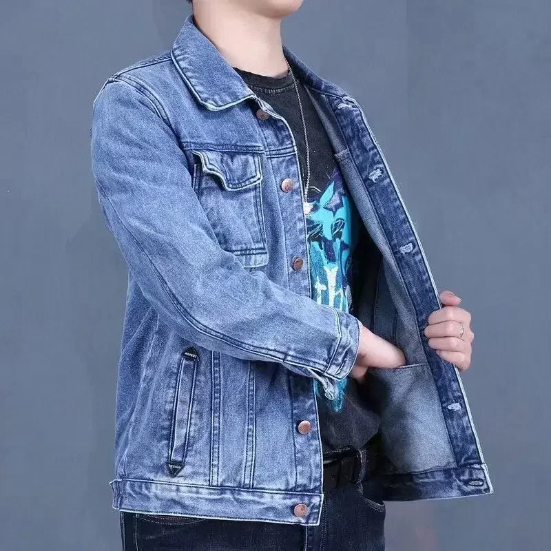 thumbnail image 1 of Chaquetas de mezclilla para hombre, abrigo de jeans con botones negros para hombre, estética desgastada, talla L, una pieza de tela, ropa de abrigo informal al precio más bajo, Big G, 1 of 5