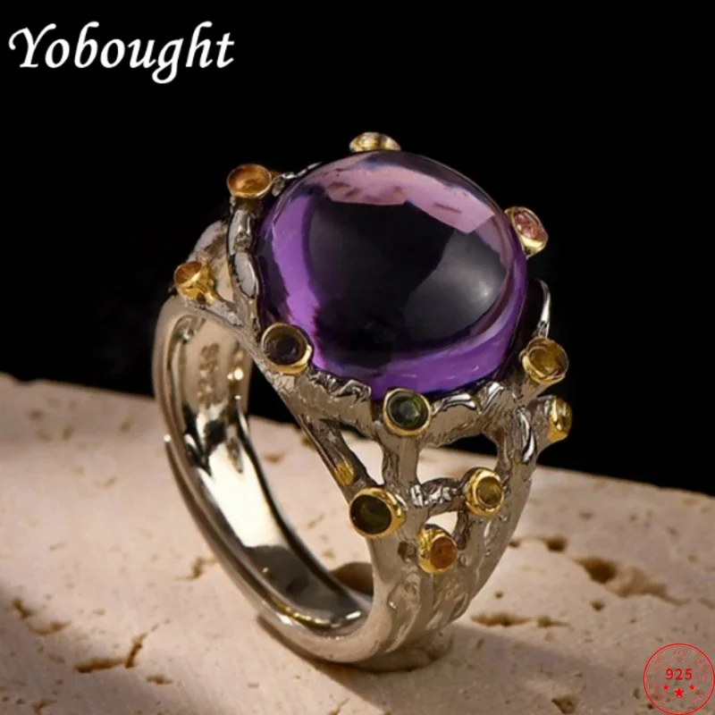 

S925 sterling silver rings for women men new fashion vintage Palace style hollow inlay natural amethyst jewelry free shipping