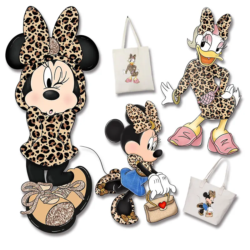 Mickey Minnie Daisy leopard print suit applique heat vinyl ironing stickers for cloth DIY craft