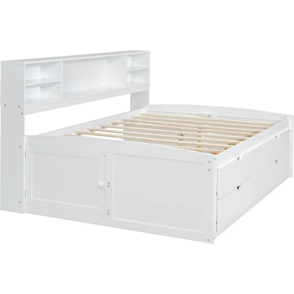 Full Size Captain Bed with Storage Drawers, Wood Daybed with Bookcase Headboard, Full Bookcase Daybeds with 2 Storage Cabinets 6