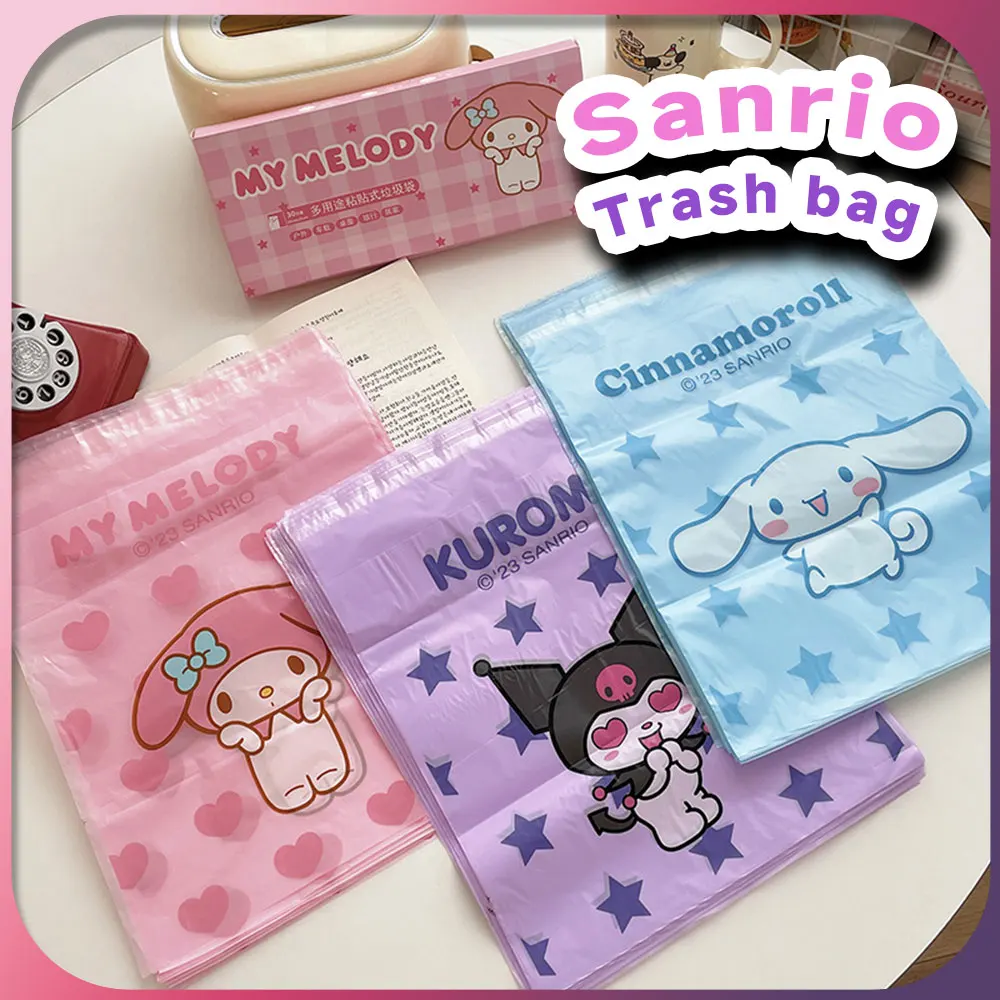 

30pcs Kawaii Cinnamoroll Trash Bags Sanrio My Melody Kuromi Pochacco Disposable Car Garbage Bags Self Adhesive Cleaning Bags