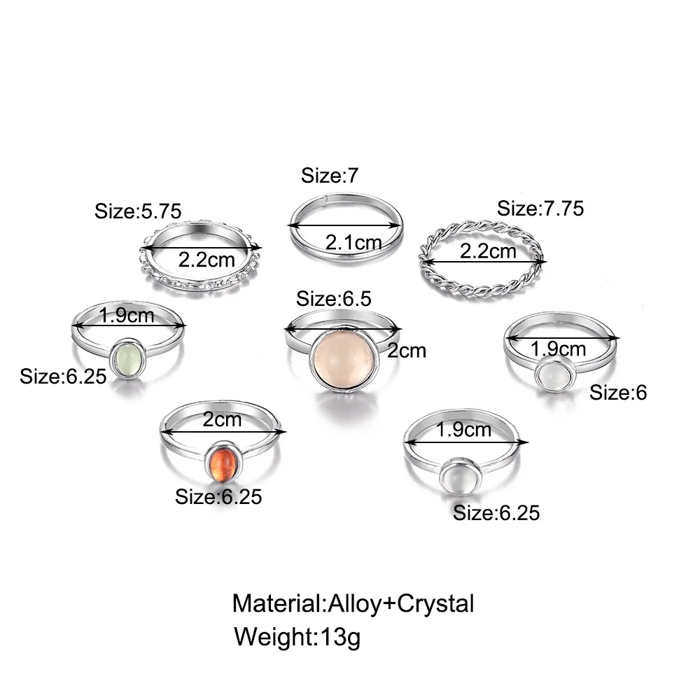 8pcs/set Vintage Colorful Stone Metallic Chain Trendy Geometry Hit Rings Set for Women Girls Jewelry ring set