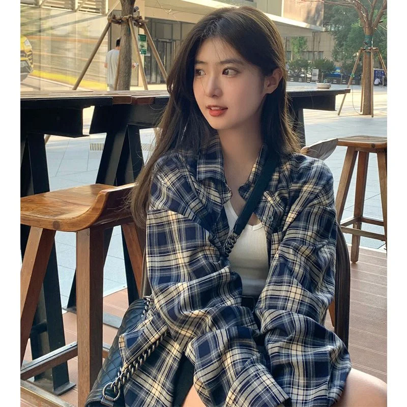 XEJ Plaid Shirt Lazy Style Retro Loose Shirt Cardigan Female Women's Shirt Coat Long Sleeve Autumn Spring Clothes South Korea soft waxy gentle sweater women s autumn and winter new lazy style retro japanese loose round neck fried dough knitted top women