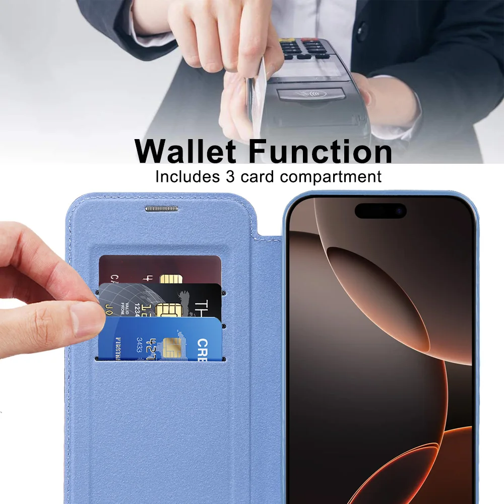 Premium Flip Magnetic Leather Case with Wireless Charging and Transparent Card Wallet Cover