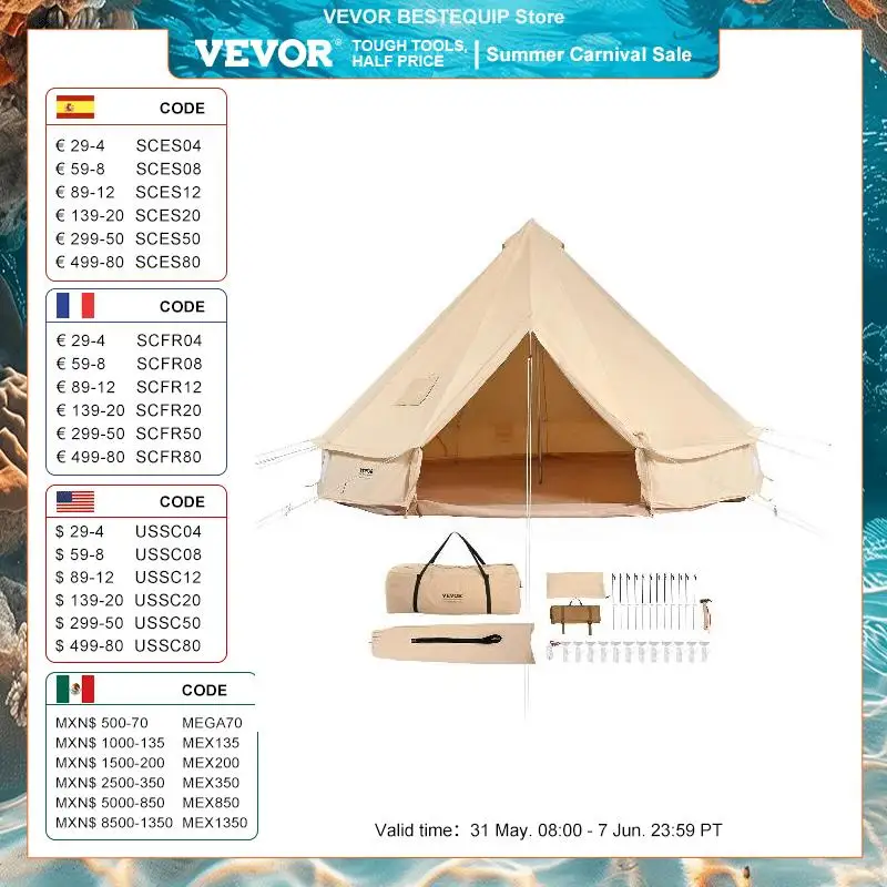 VEVOR-Tente Cloche en Toile avec Réchaud pour Camping, Respirante, Tient jusqu'à 8 Personnes, 4 Saisons, 3 m, 4 m, 5 m, 6 m, 7m, YSigned