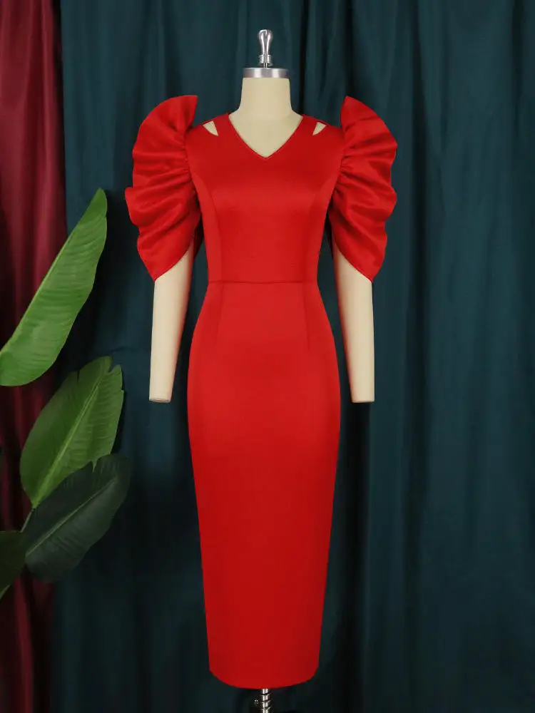 

Large size pleated solid color high waist party evening dress