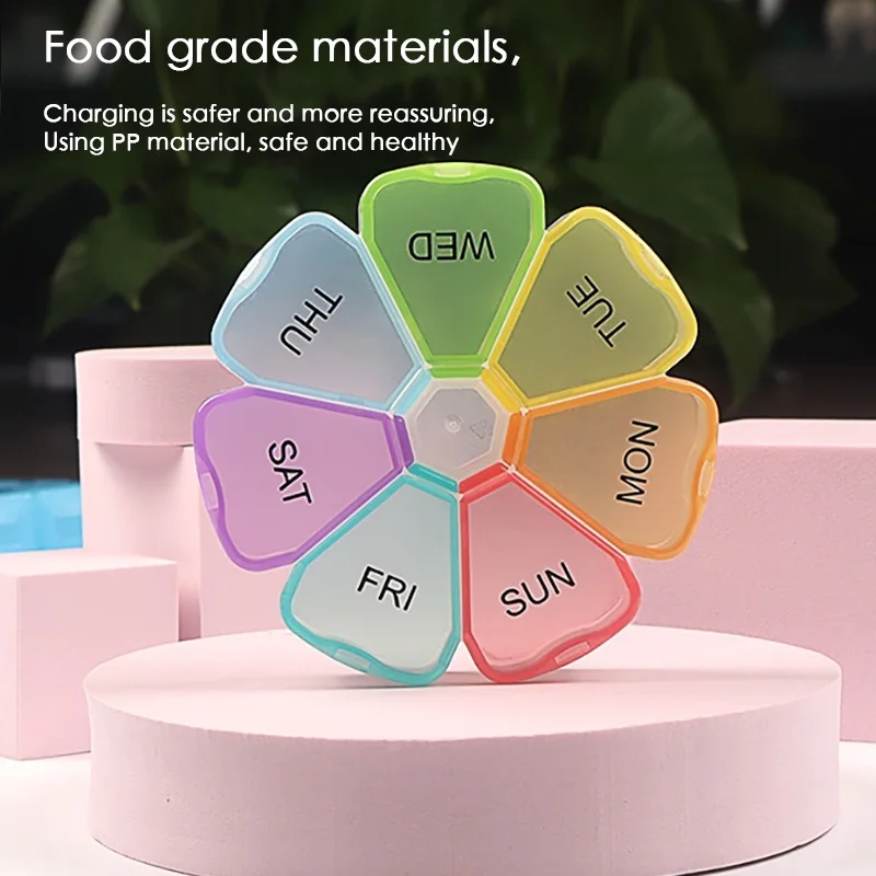 Circular Portable Seven Grid Medicine Box Transparent Colored Black and White Petal Tablets Storage and Packaging Medicine Box medicine storage box