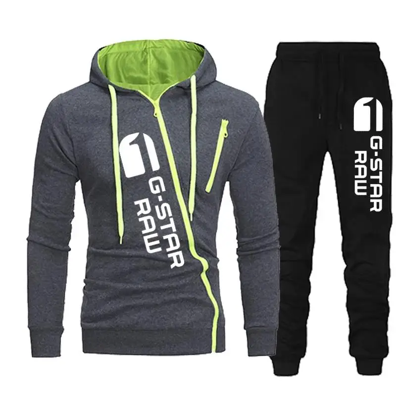 2024 Autumn Winte Oblique Zipper Tracksuit Men Sweatshirt + Sweatpants 2 Pieces Set Casual Mens Hooded Hoodies Suit Sportswear 4