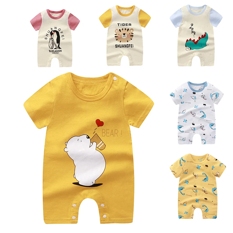 

Infant Girls Pure Cotton Thin Shorts Rompers Trendy Cartoon Printed Crew Neck Jumpsuits Baby Boys New Style Cute Summer Pajamas