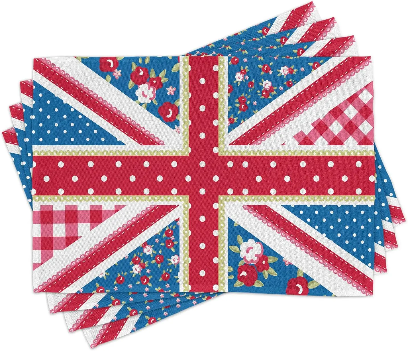 

Tea Place Mats Set of 4 British Flag in Floral Style Retro Polka Dots Country Culture Washable Fabric Placemats for Table