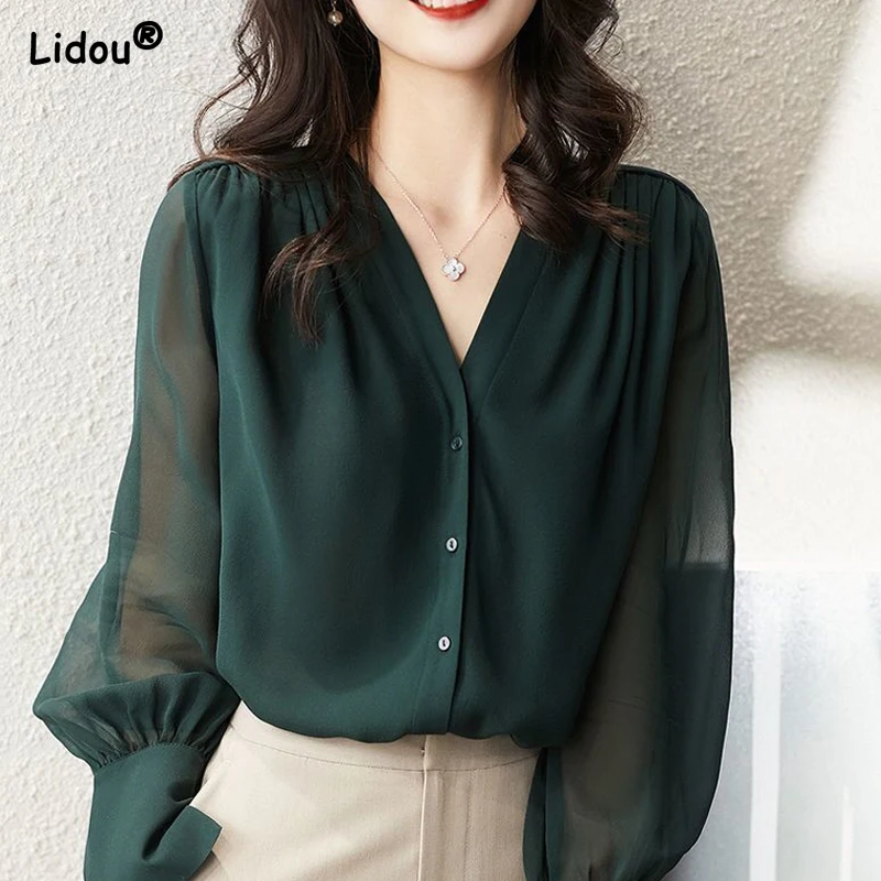 Elegant Summer Gauze Long Sleeve Solid Color Button V-neck Blouses Straight Loose Chiffon Thin Comfortable Women's Clothing 2022