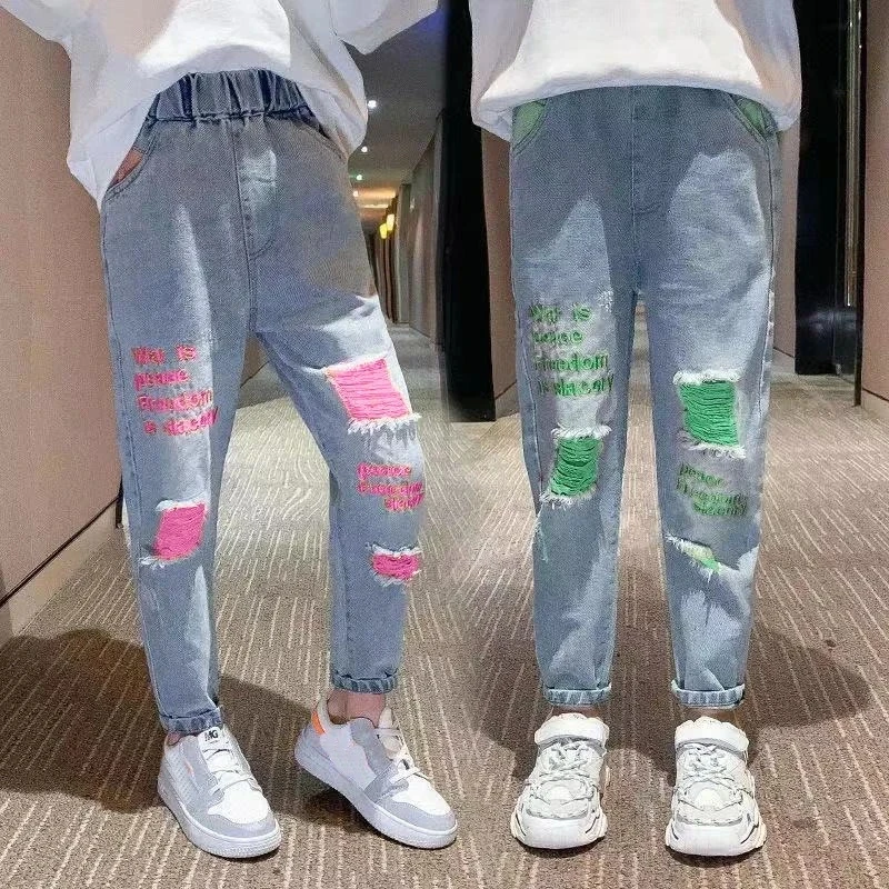 

Girls Denim Ripped Trousers Children's Clothing Korean Fashion High Waist Jeans Slim Color Hole Ripped Pants for Teen Kids 2-12Y