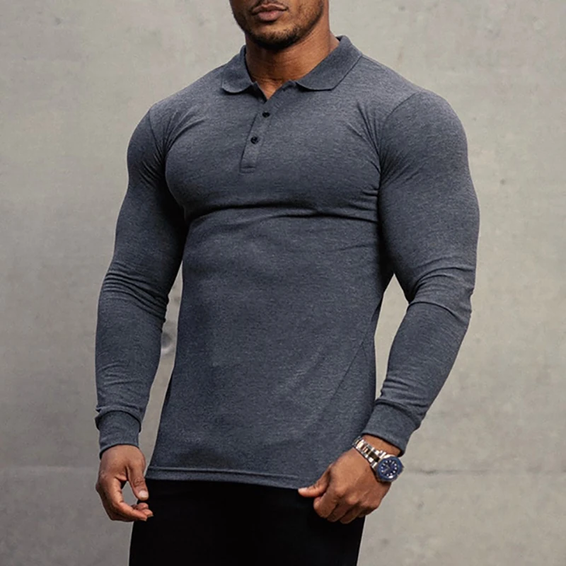 New Fashion Autumn Sports Polo Shirt Mens Stretch Cotton Gym Clothing Spring Casual Long Sleeve Polos Male Breathable T Shirt