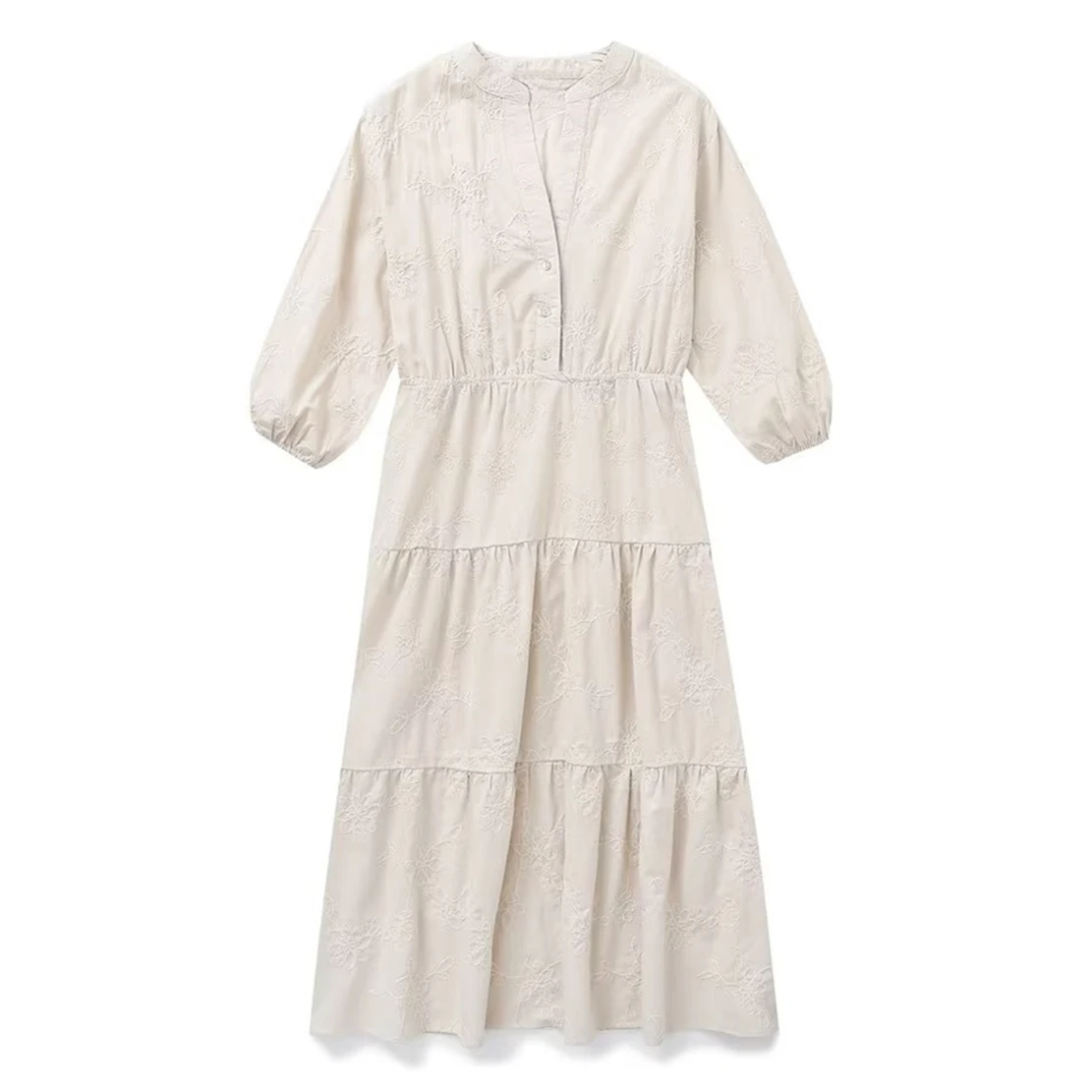 

Elmsk 2023 Summer Bohemian Midi Dress Indie Folk Vintage Cotton Linen Embroidered V Neck Loose Cotton Dress For Women