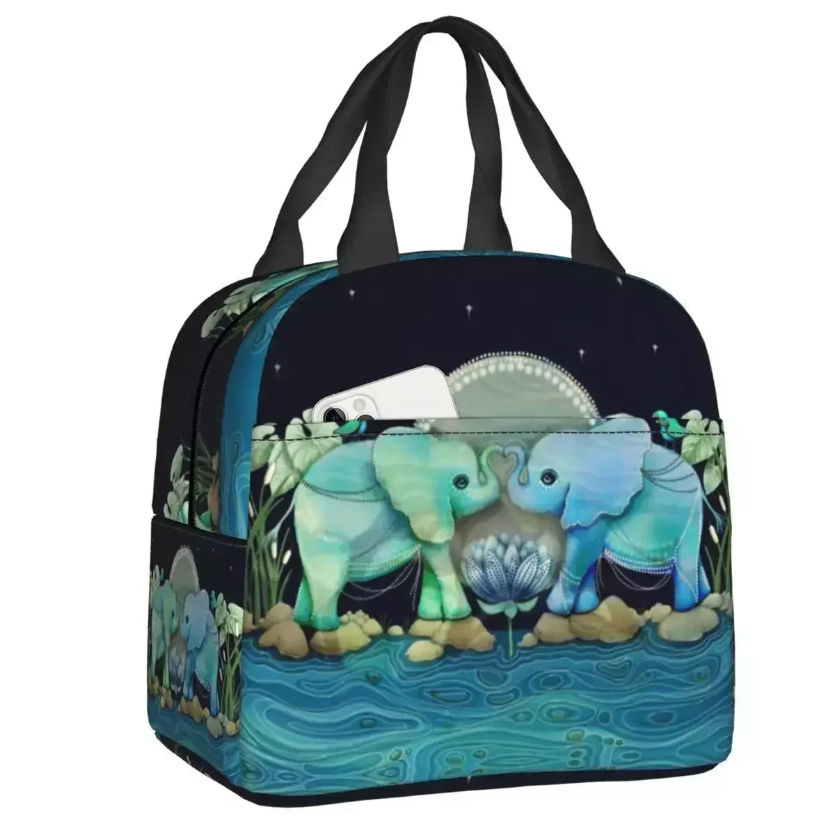 

2024 New Lotus Flower Elephants Insulated Lunch Bags For Women Elephantidae Resuable Thermal Cooler Bento Box Work School Travel