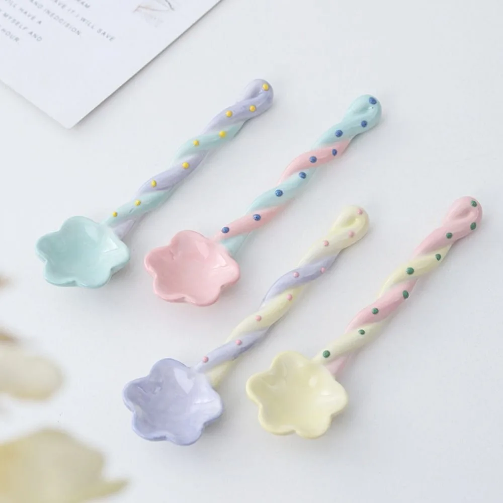 Ceramics Long Handled Spoon Instagram Style Household Stirring Spoon Hand Painted Flower Shaped Coffee porcelain spoon